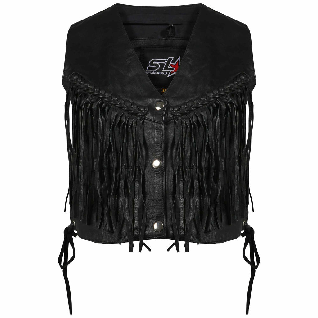 Womens Vintage Tassel Real Leather Short Length Summer Biker Waistcoat Braided Black - Star Enterprize Ltd