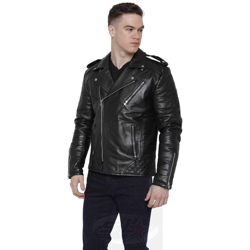 Mens Fashion Black Classic Motorbike Real Leather Biker Jacket Brando - Star Enterprize Ltd