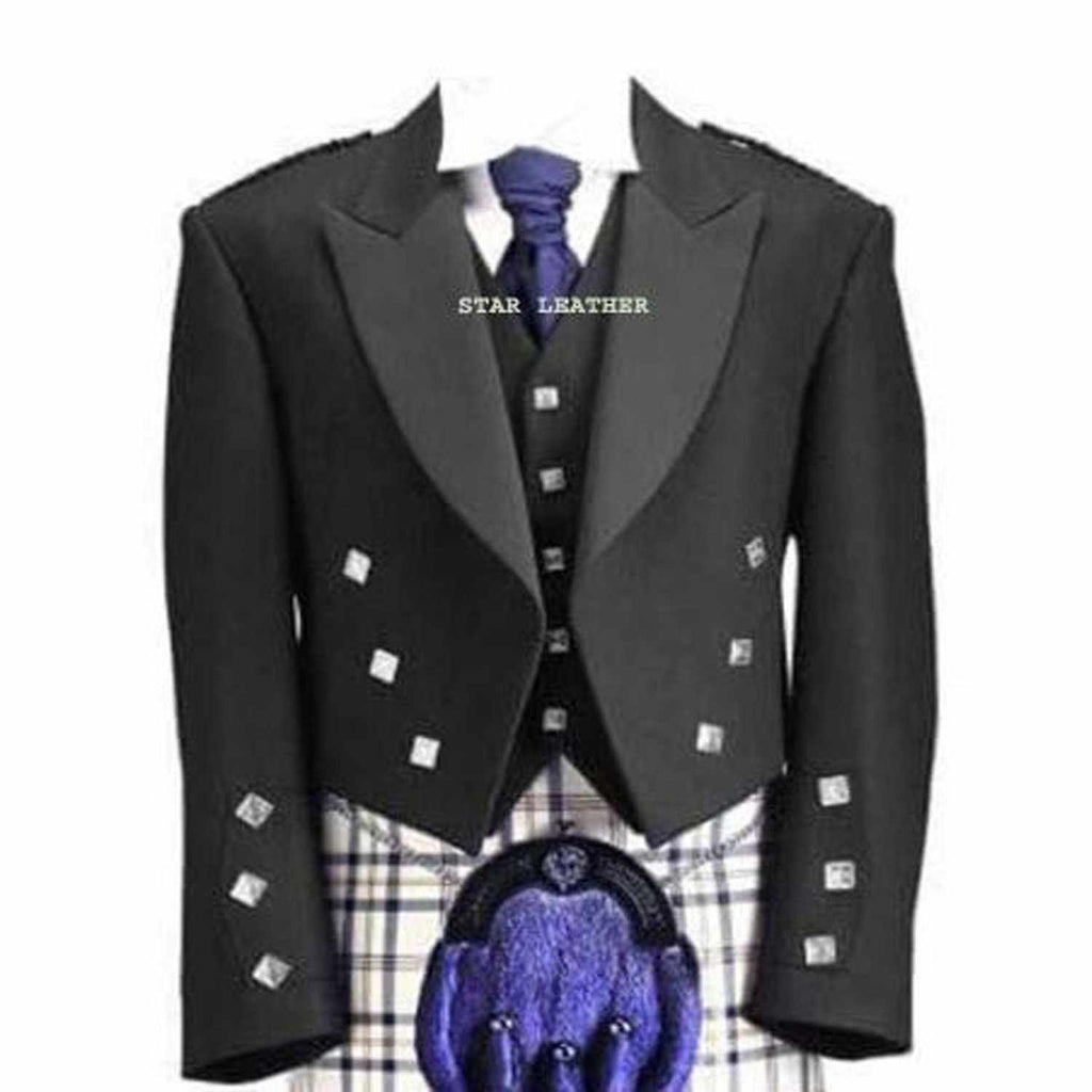 Scottish Highland Prince Charlie Kilt Jacket & 5 Button Waistcoat Black - Star Enterprize Ltd