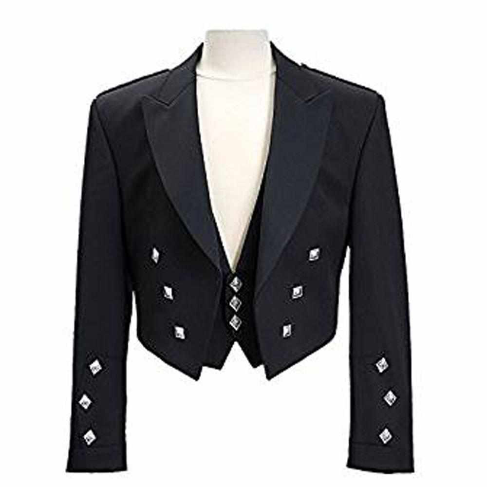 100% Blend Wool Black Highland Scottish Prince Charlie kilt Jacket & Waistcoat - Star Enterprize Ltd