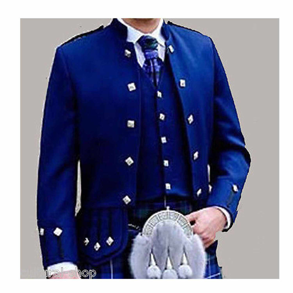 100% Wool Blue Scottish Highlander Wear Military Tunic Sheriffmuir Kilt Jacket & Waistcoat - Star Enterprize Ltd