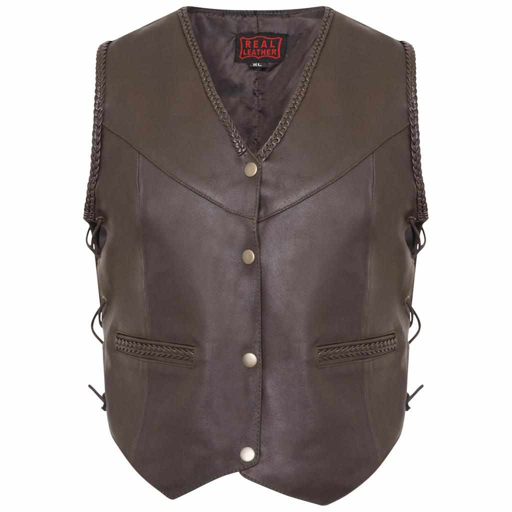 Womens Classic Style Motorcycle Biker Brown Real Leather Waistcoat Braided Side Lace Up Vest - Star Enterprize Ltd