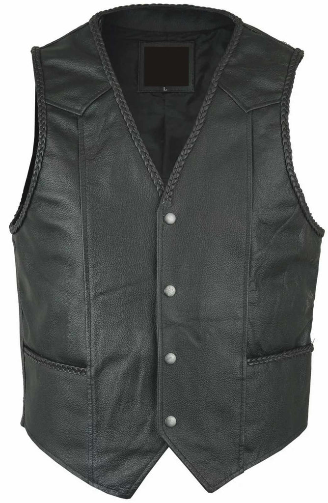 Handmade Mens Black Real Leather Biker Waistcoat/Vest Braided Cut - Star Enterprize Ltd
