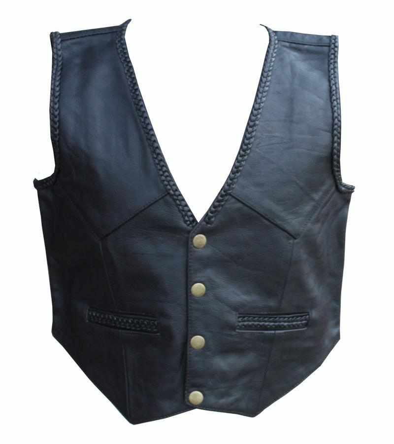 Boys/Girls Real Leather Black Braided Biker Style Kids Waistcoat/Vest - Star Enterprize Ltd