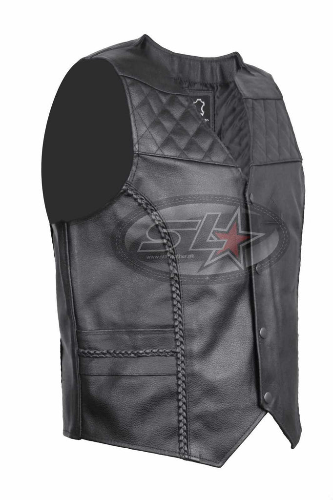 Mens Real Leather Braided Motorcycle Cut Quilted Biker Waistcoat/Vest - Star Enterprize Ltd