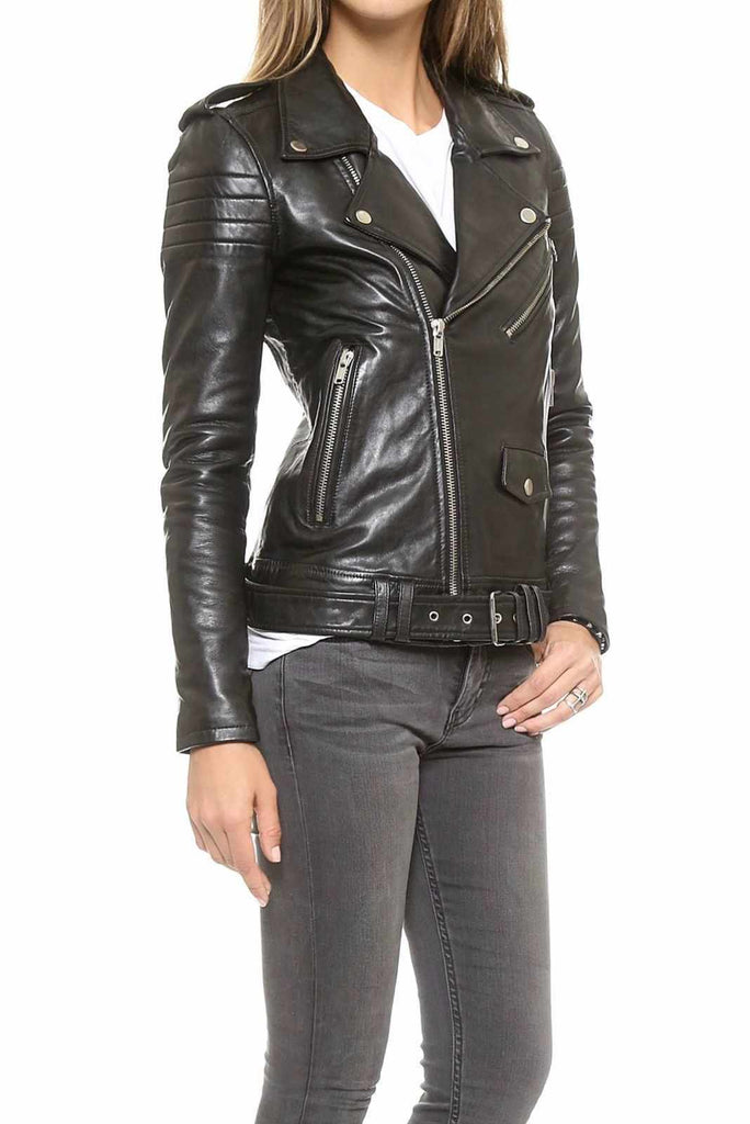 Genuine Lambskin Leather Womens Classic Brando Biker Quilted Ladies Jacket - Star Enterprize Ltd