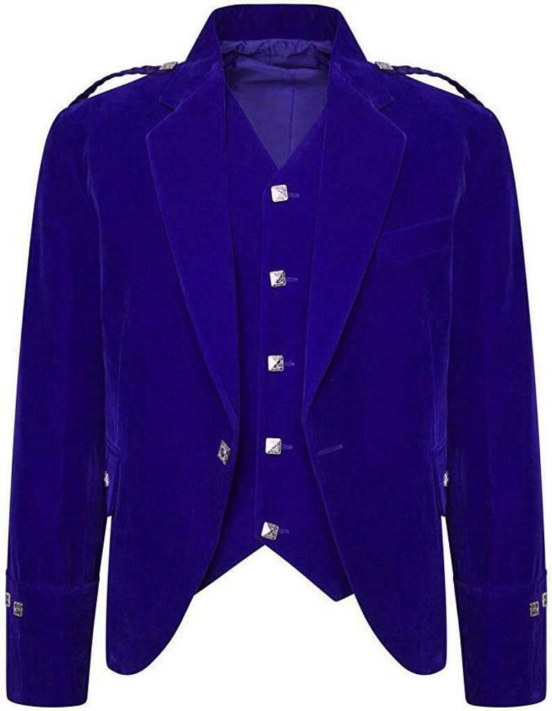 Mens Royal Blue Velvet Scottish Highland Argyle kilt Jacket & Waistcoat - Star Enterprize Ltd