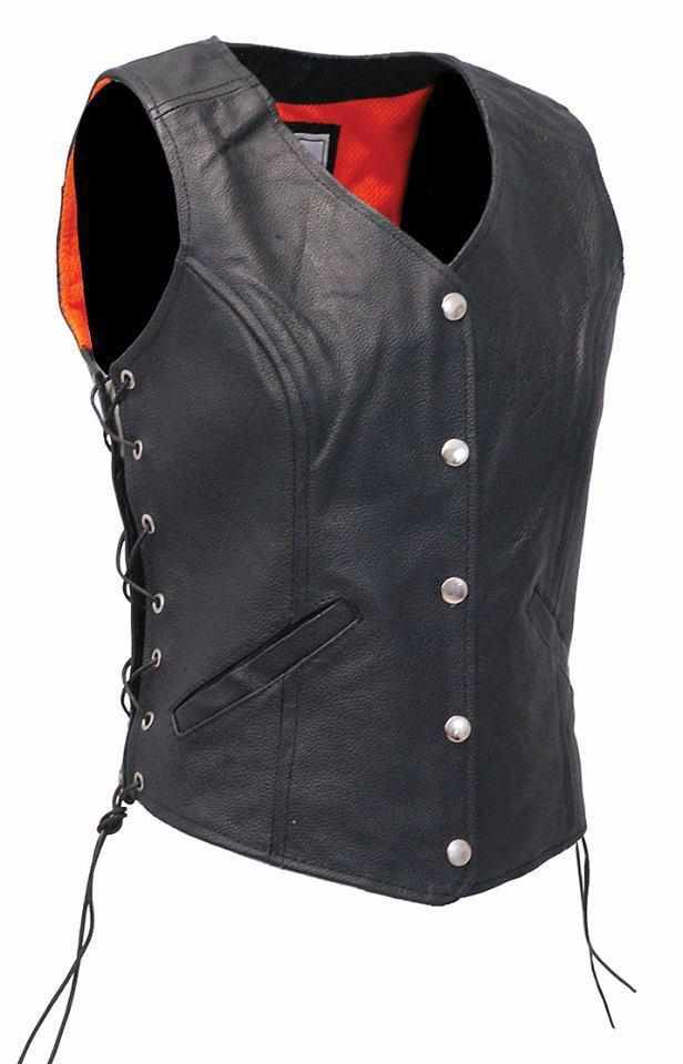 Womens Ladies Real Leather Motorcycle/Biker Waistcoat/Vest- Sides Laced Up - Star Enterprize Ltd