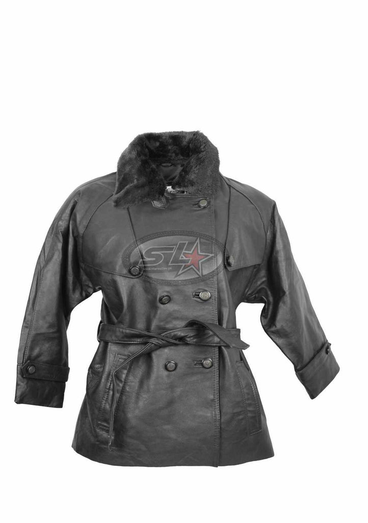 Real Leather Trench Coat With Belt & Detachable Fur Collar Girls Jacket - Star Enterprize Ltd